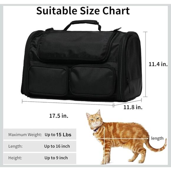 Small Cat Dog Soft Carrier Black Mesh Windows Storage Pockets Airline Approved - Picture 4 of 6